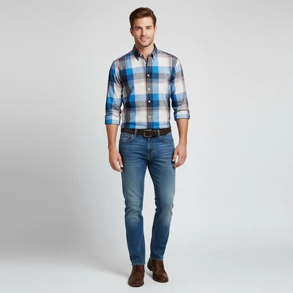 EXPRESS Men's Blue/Multicolor Fitted Plaid Long Sleeve Shirt Size Medium - Picture 1 of 12